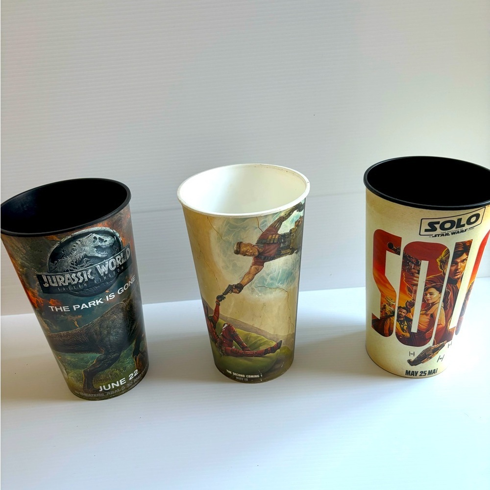 Vintage Movie Promo Cups Set of 3: Jurassic World, Deadpool, Star Wars